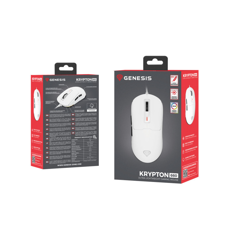 Genesis herná myš KRYPTON 660/Herná/Optická/12 000 DPI/Drôtové USB-A/Biela