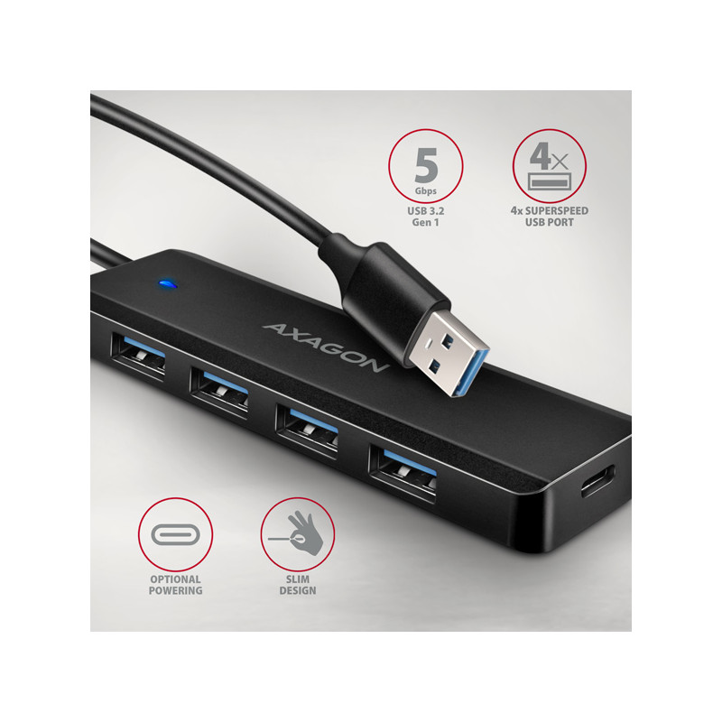 AXAGON HUE-C1A, 4x USB 5Gbps TRAVEL húb, USB-C napájací konektor, kábel USB-A 19cm
