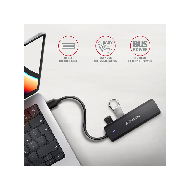 AXAGON HUE-C1A, 4x USB 5Gbps TRAVEL húb, USB-C napájací konektor, kábel USB-A 19cm