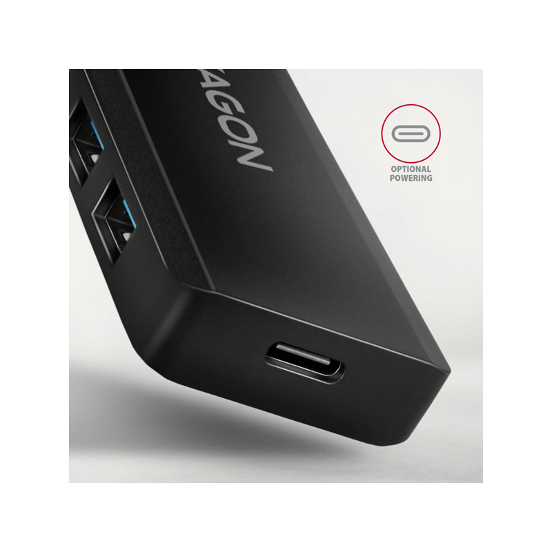 AXAGON HUE-C1A, 4x USB 5Gbps TRAVEL húb, USB-C napájací konektor, kábel USB-A 19cm
