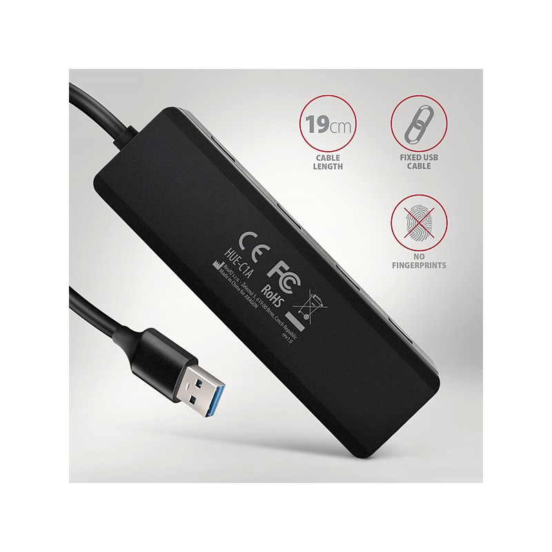 AXAGON HUE-C1A, 4x USB 5Gbps TRAVEL húb, USB-C napájací konektor, kábel USB-A 19cm