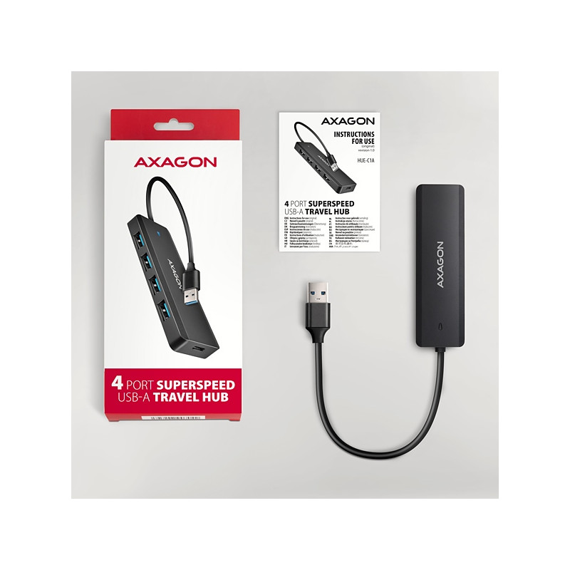 AXAGON HUE-C1A, 4x USB 5Gbps TRAVEL húb, USB-C napájací konektor, kábel USB-A 19cm