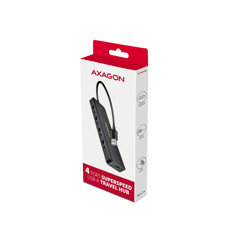 AXAGON HUE-C1A, 4x USB 5Gbps TRAVEL húb, USB-C napájací konektor, kábel USB-A 19cm