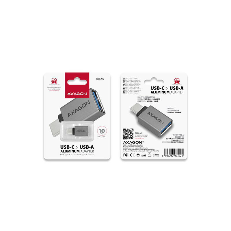 AXAGON RUCM-AFA, redukcia USB-C (M) - USB-A (F), USB 3.2 Gen 2, 3A, ALU