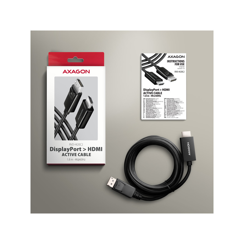 AXAGON RVD-HI20C2, DisplayPort - HDMI 2.0b redukcia/kábl 1.8m, 4K/60Hz