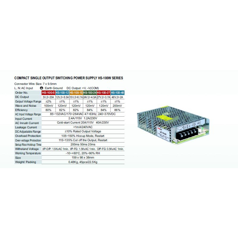Priemyselný zdroj Carspa 12V-/100W spínaný HS-100/12