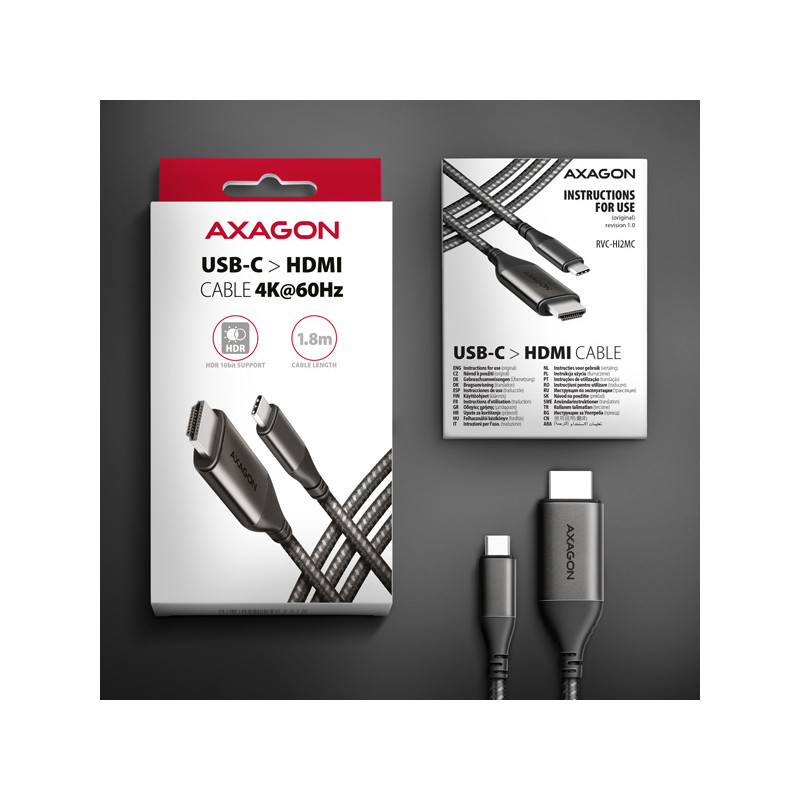 AXAGON RVC-HI2MC, USB-C - HDMI 2.0a redukcia / kábel 1.8m, 4K/60Hz HDR10