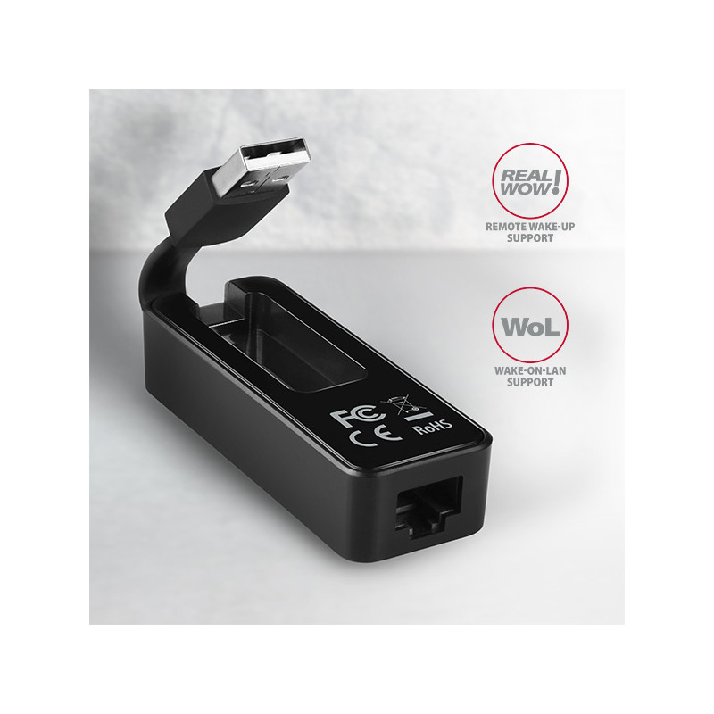 AXAGON ADE-XR, USB 2.0 - Fast Ethernet sieťová karta, auto inštal, čierna