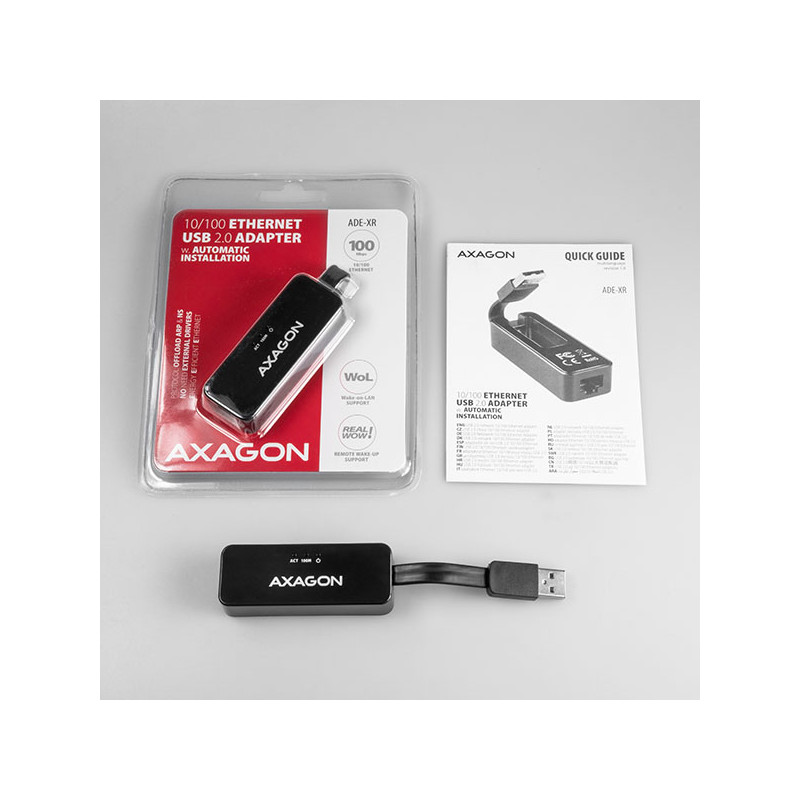 AXAGON ADE-XR, USB 2.0 - Fast Ethernet sieťová karta, auto inštal, čierna