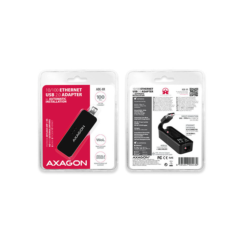 AXAGON ADE-XR, USB 2.0 - Fast Ethernet sieťová karta, auto inštal, čierna