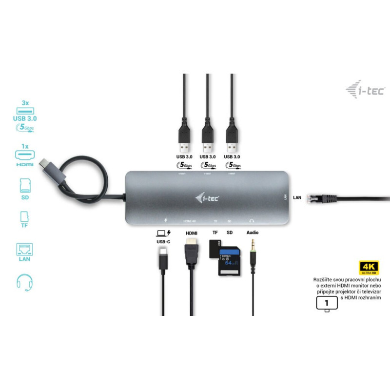i-tec USB-C Metal Nano Docking Station 4K HDMI LAN, Power Delivery 100 W + Charger 100 W (bundle)
