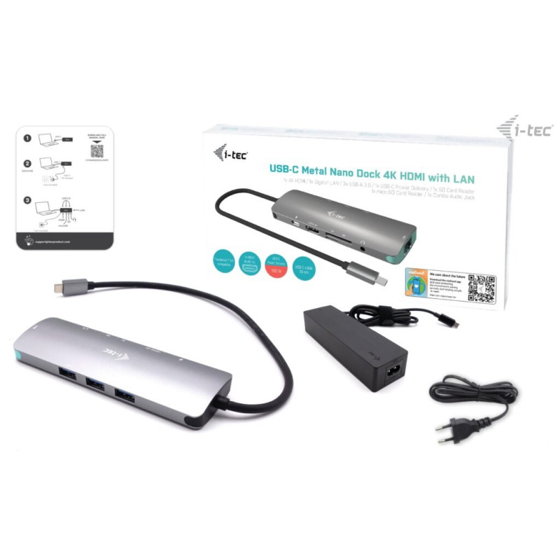 i-tec USB-C Metal Nano Docking Station 4K HDMI LAN, Power Delivery 100 W + Charger 100 W (bundle)