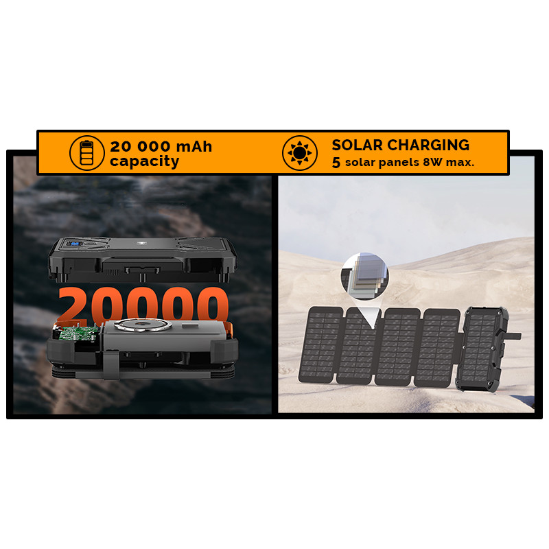 Solárna powerbanka VIKING TYR II/Output: 1xUSB-C, 2xUSB-A/Wireless charge 15W max/20000mAh/ LED svetlo