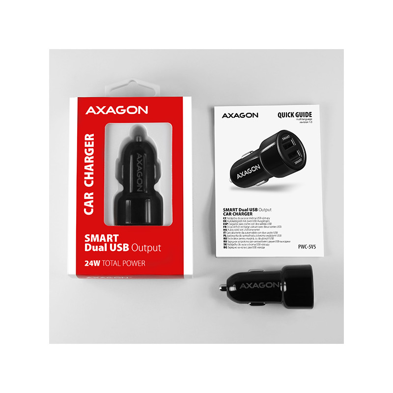 AXAGON PWC-5V5, SMART nabíjačka do auta, 2x port 5V-2.4A + 2.4A, 24W