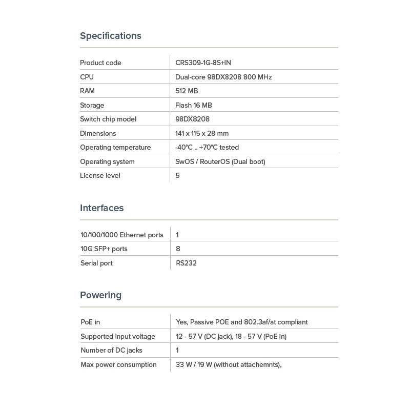 Mikrotik CRS309-1G-8S+IN Cloud Router Switch 8x SFP+, 1x GB LAN