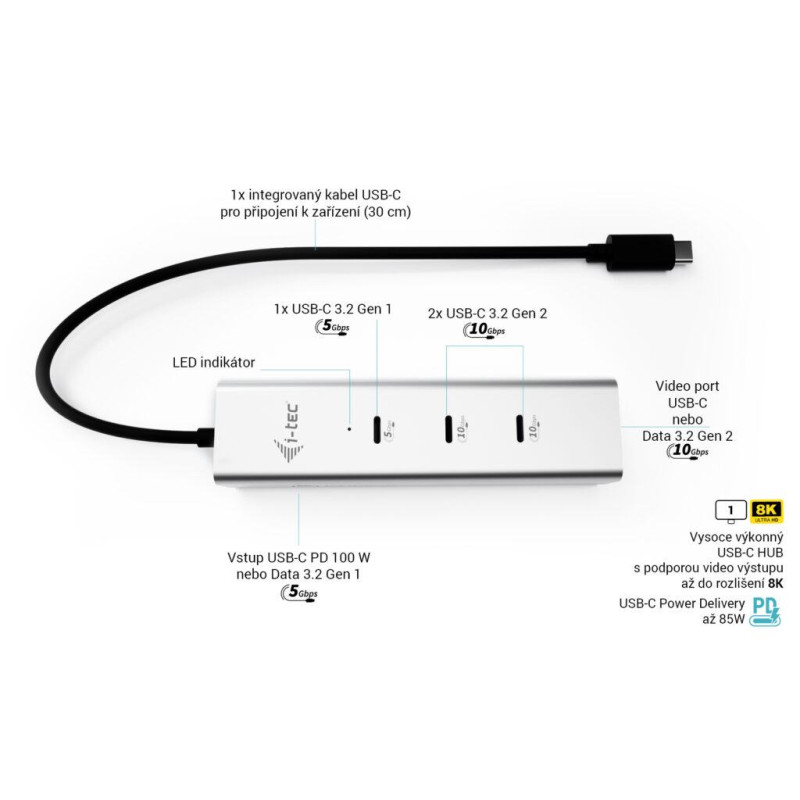i-tec USB-C Charging HUB 5port s USB-C video 8K, Power Delivery 85W