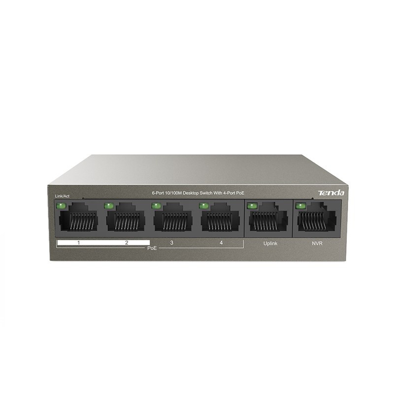 Tenda TEF1106P-4-63W PoE AT switch 4x PoE 802.3af/at, 6x 100Mb/s, PoE celkom 63W, fanless, PoE+