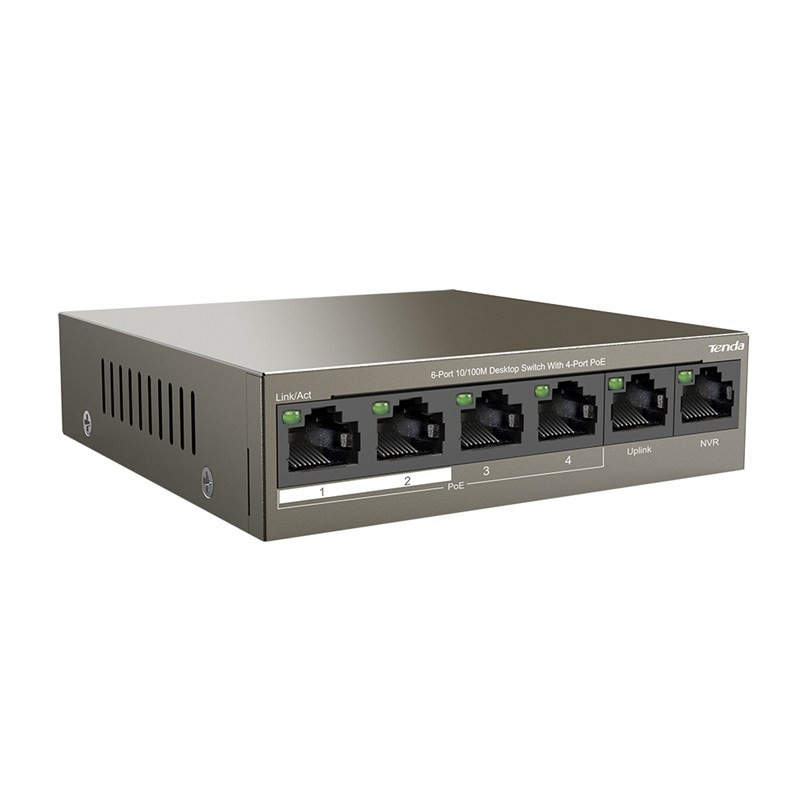 Tenda TEF1106P-4-63W PoE AT switch 4x PoE 802.3af/at, 6x 100Mb/s, PoE celkom 63W, fanless, PoE+