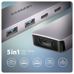 AXAGON HMC-5H60, USB 5Gbps húb, porty 2x USB-A, 1x USB-C, HDMI 4k/60, PD 100W, kábel USB-C 15cm