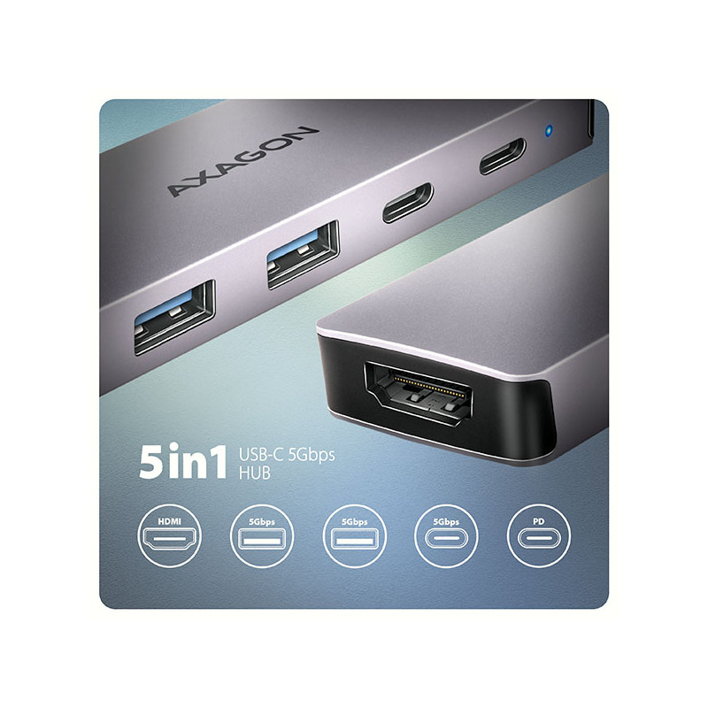 AXAGON HMC-5H60, USB 5Gbps húb, porty 2x USB-A, 1x USB-C, HDMI 4k/60, PD 100W, kábel USB-C 15cm