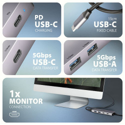 AXAGON HMC-5H60, USB 5Gbps húb, porty 2x USB-A, 1x USB-C, HDMI 4k/60, PD 100W, kábel USB-C 15cm