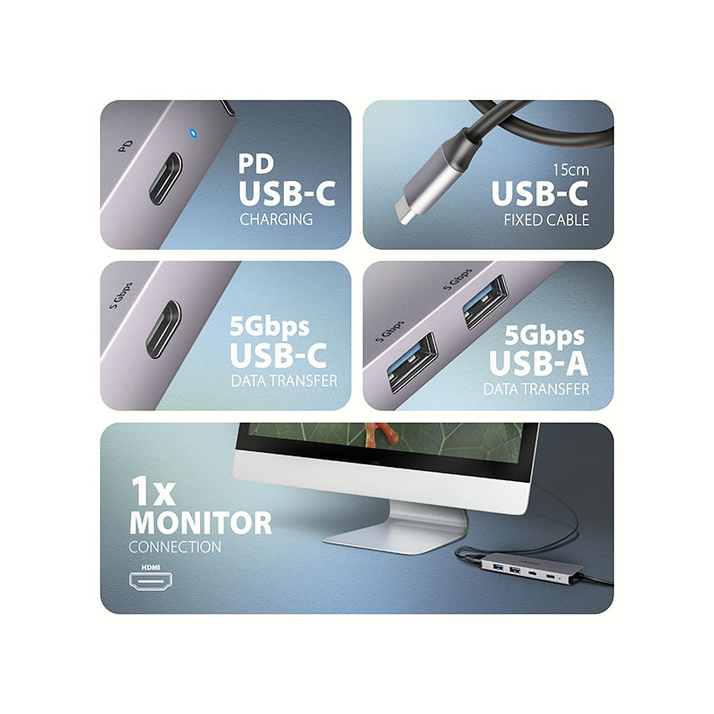 AXAGON HMC-5H60, USB 5Gbps húb, porty 2x USB-A, 1x USB-C, HDMI 4k/60, PD 100W, kábel USB-C 15cm