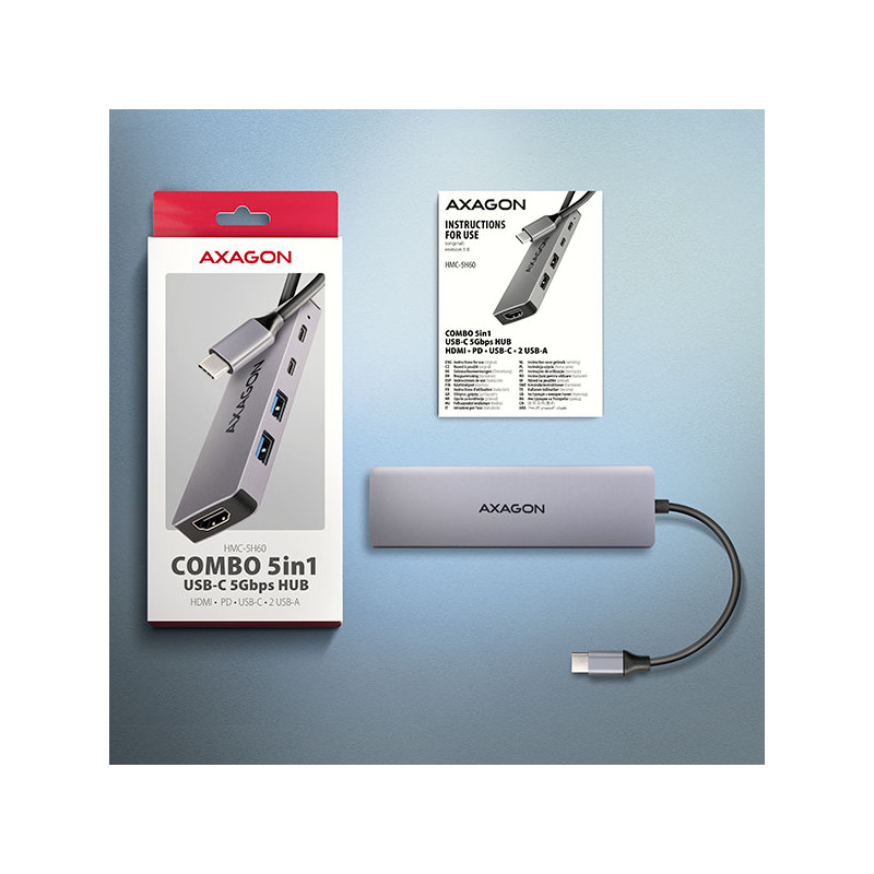 AXAGON HMC-5H60, USB 5Gbps húb, porty 2x USB-A, 1x USB-C, HDMI 4k/60, PD 100W, kábel USB-C 15cm