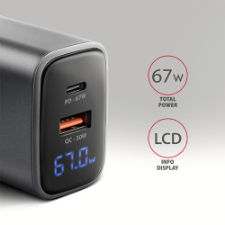 AXAGON ACU-PQ67D GaN nabíjačka do siete 67W, USB-A+USB-C, PD3.0/PPS/QC4+/SFC2.0/Apple, LCD display