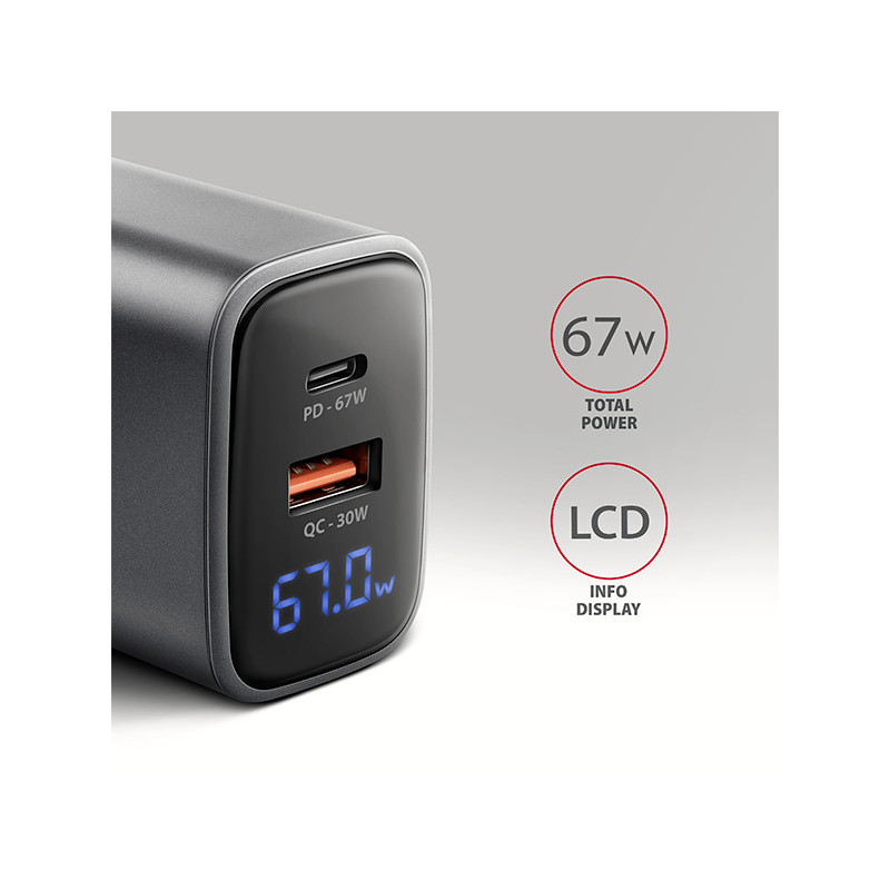 AXAGON ACU-PQ67D GaN nabíjačka do siete 67W, USB-A+USB-C, PD3.0/PPS/QC4+/SFC2.0/Apple, LCD display