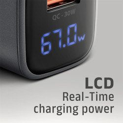 AXAGON ACU-PQ67D GaN nabíjačka do siete 67W, USB-A+USB-C, PD3.0/PPS/QC4+/SFC2.0/Apple, LCD display