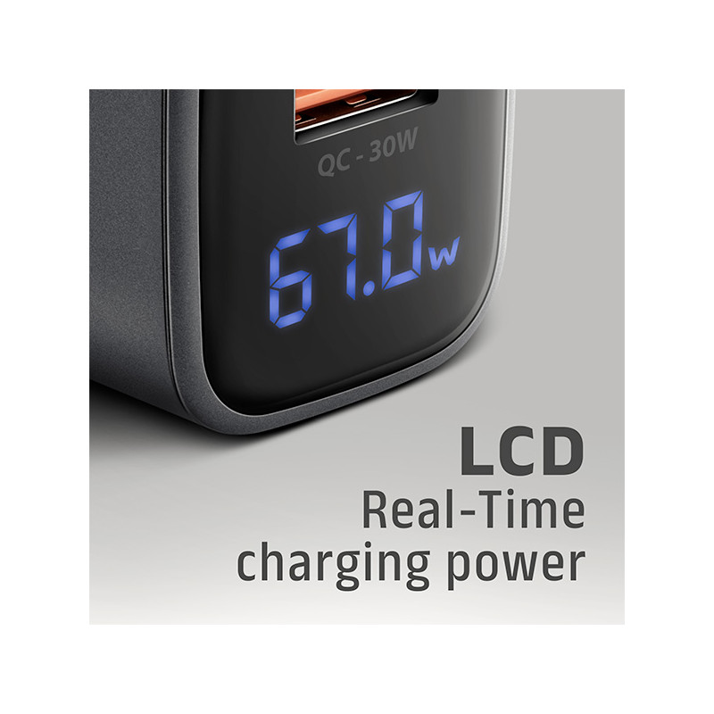AXAGON ACU-PQ67D GaN nabíjačka do siete 67W, USB-A+USB-C, PD3.0/PPS/QC4+/SFC2.0/Apple, LCD display