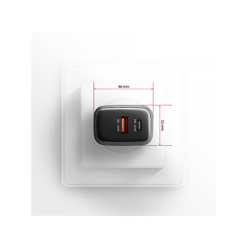 AXAGON ACU-PQ67D GaN nabíjačka do siete 67W, USB-A+USB-C, PD3.0/PPS/QC4+/SFC2.0/Apple, LCD display