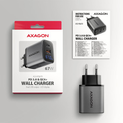 AXAGON ACU-PQ67D GaN nabíjačka do siete 67W, USB-A+USB-C, PD3.0/PPS/QC4+/SFC2.0/Apple, LCD display