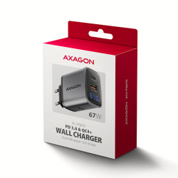 AXAGON ACU-PQ67D GaN nabíjačka do siete 67W, USB-A+USB-C, PD3.0/PPS/QC4+/SFC2.0/Apple, LCD display