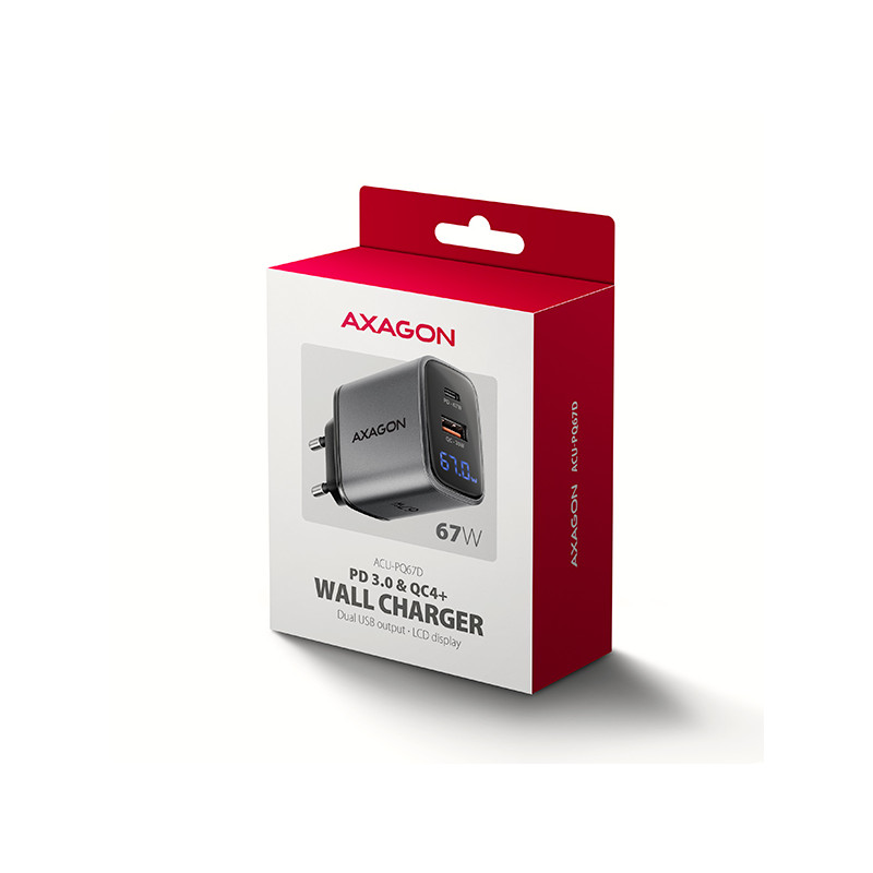 AXAGON ACU-PQ67D GaN nabíjačka do siete 67W, USB-A+USB-C, PD3.0/PPS/QC4+/SFC2.0/Apple, LCD display
