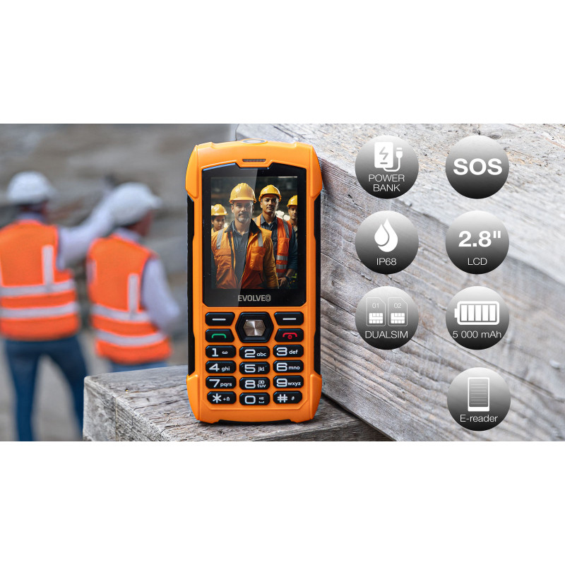 EVOLVEO StrongPhone H1, IP68 odolný Dual SIM telefón, 2,8'' LCD, 5000mAh, Powerbanka, oranžový