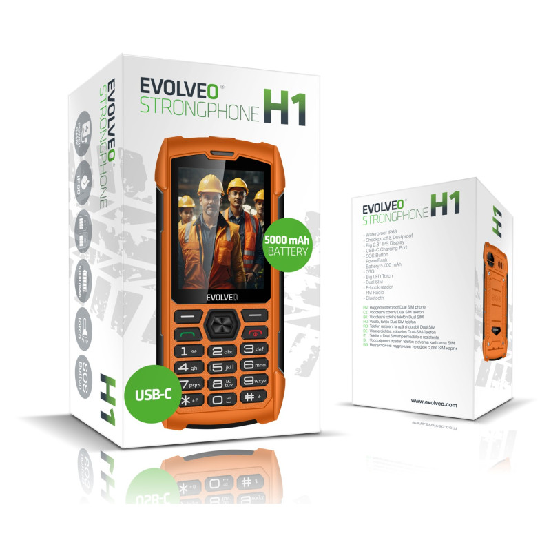 EVOLVEO StrongPhone H1, IP68 odolný Dual SIM telefón, 2,8'' LCD, 5000mAh, Powerbanka, oranžový