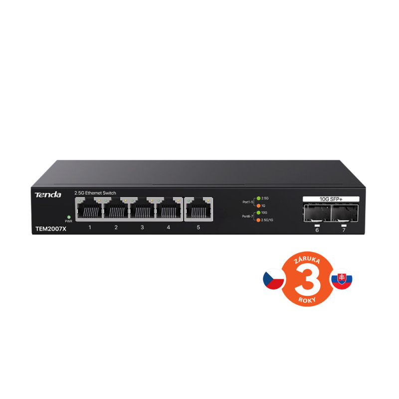 Tenda TEM2007X - Multi-gigabit switch, 5x 2.5G RJ45 + 2x 10G SFP+ port, MAC 16K, ochrana 6kV