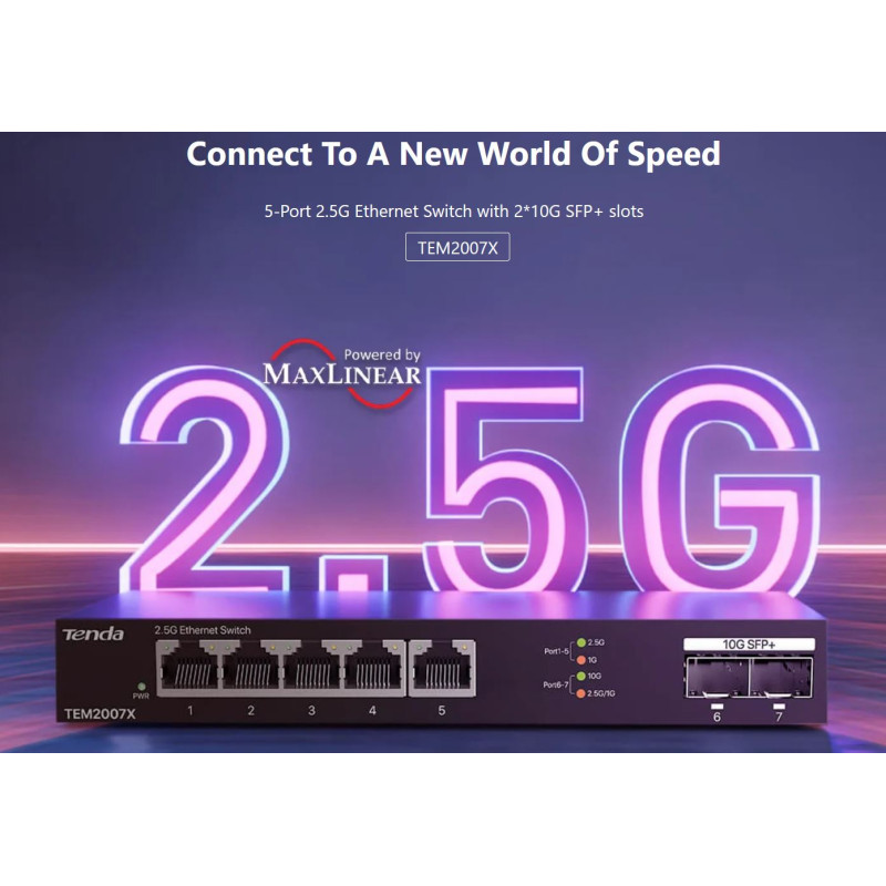 Tenda TEM2007X - Multi-gigabit switch, 5x 2.5G RJ45 + 2x 10G SFP+ port, MAC 16K, ochrana 6kV