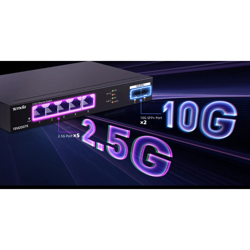Tenda TEM2007X - Multi-gigabit switch, 5x 2.5G RJ45 + 2x 10G SFP+ port, MAC 16K, ochrana 6kV