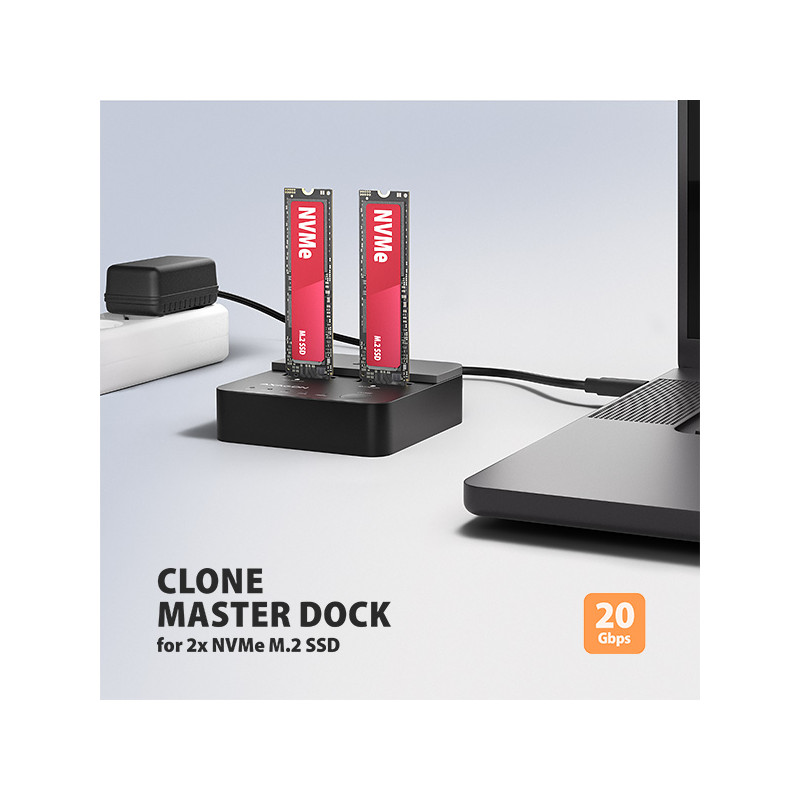 AXAGON ADSA-M2C22L, USB-C 20Gbps dokovacia stanica pre 2× M.2 NVMe SSD s funkciou klonovania