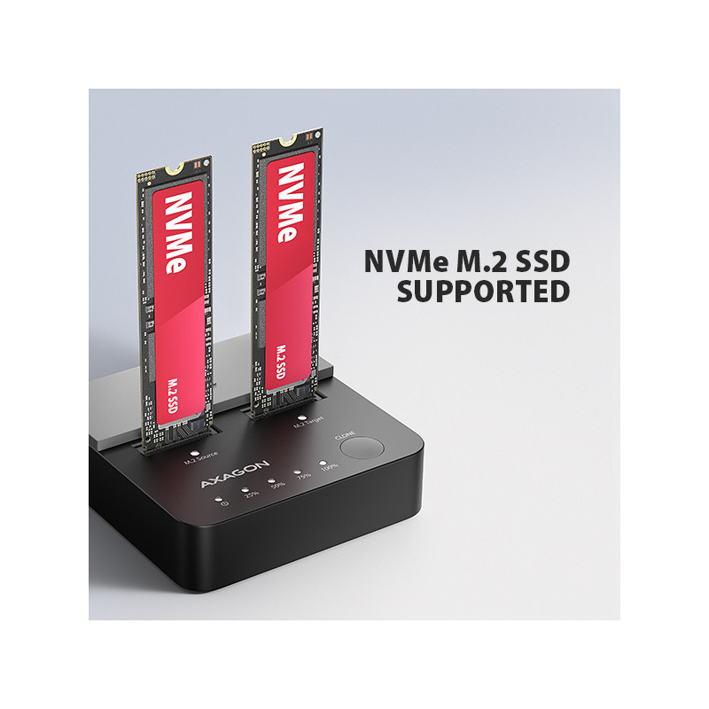 AXAGON ADSA-M2C22L, USB-C 20Gbps dokovacia stanica pre 2× M.2 NVMe SSD s funkciou klonovania