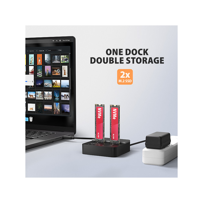 AXAGON ADSA-M2C22L, USB-C 20Gbps dokovacia stanica pre 2× M.2 NVMe SSD s funkciou klonovania