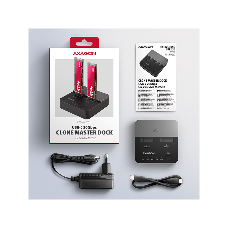 AXAGON ADSA-M2C22L, USB-C 20Gbps dokovacia stanica pre 2× M.2 NVMe SSD s funkciou klonovania
