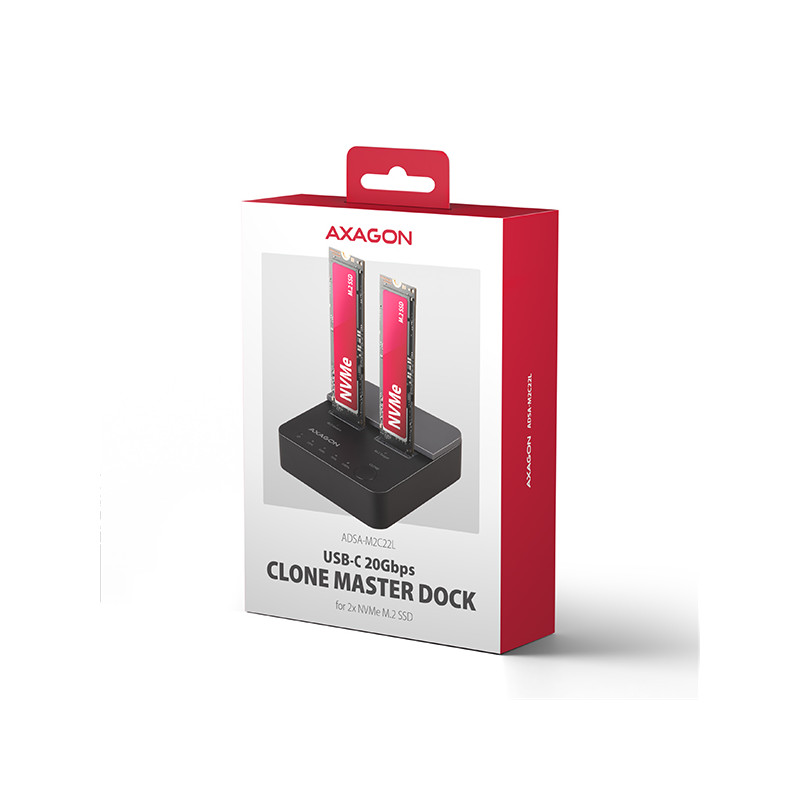 AXAGON ADSA-M2C22L, USB-C 20Gbps dokovacia stanica pre 2× M.2 NVMe SSD s funkciou klonovania