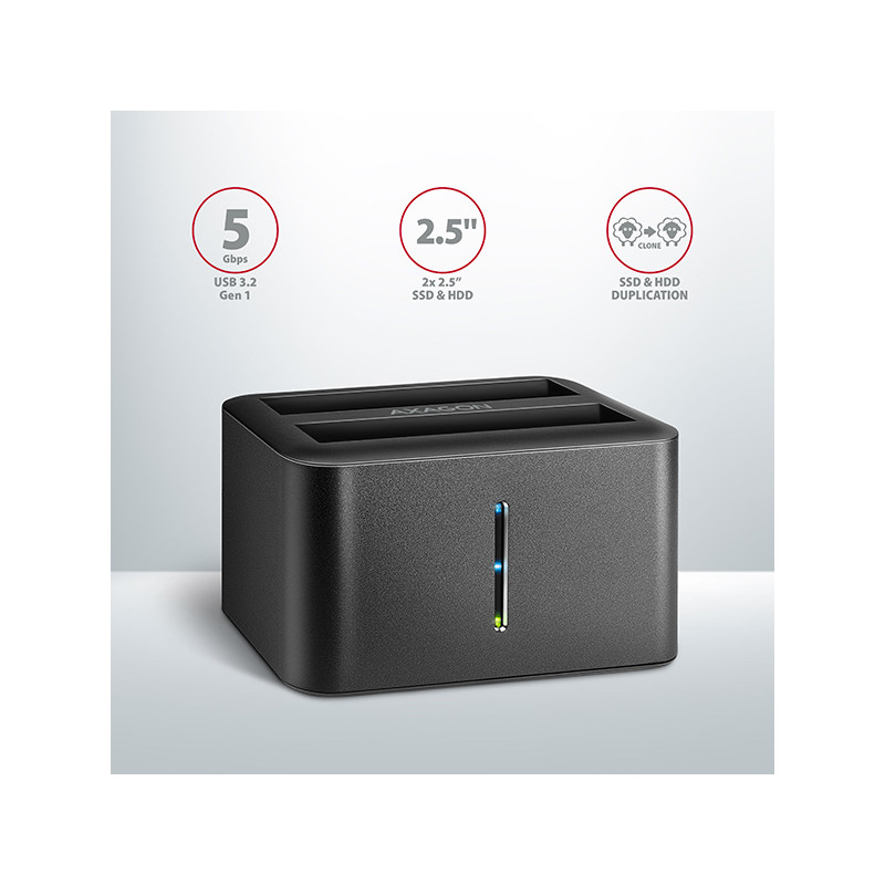 AXAGON ADSA-D25, USB 3.2 Gen 1 - 2x SATA 6G 2.5'' SSD/HDD CLONE MINI dokovacia stanica