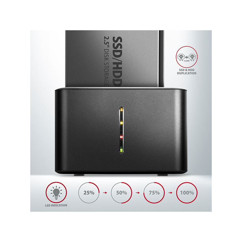 AXAGON ADSA-D25, USB 3.2 Gen 1 - 2x SATA 6G 2.5'' SSD/HDD CLONE MINI dokovacia stanica