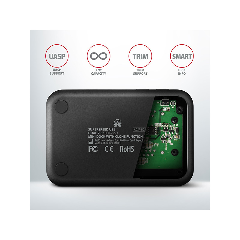 AXAGON ADSA-D25, USB 3.2 Gen 1 - 2x SATA 6G 2.5'' SSD/HDD CLONE MINI dokovacia stanica