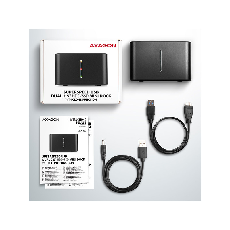 AXAGON ADSA-D25, USB 3.2 Gen 1 - 2x SATA 6G 2.5'' SSD/HDD CLONE MINI dokovacia stanica