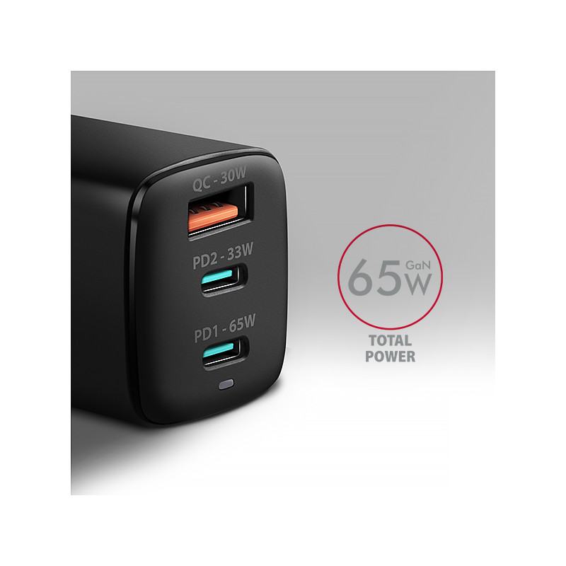 AXAGON ACU-DPQ65, GaN nabíjačka do siete 65W, 3x port (USB-A + dual USB-C), PD3.0/QC4+/PPS/Apple